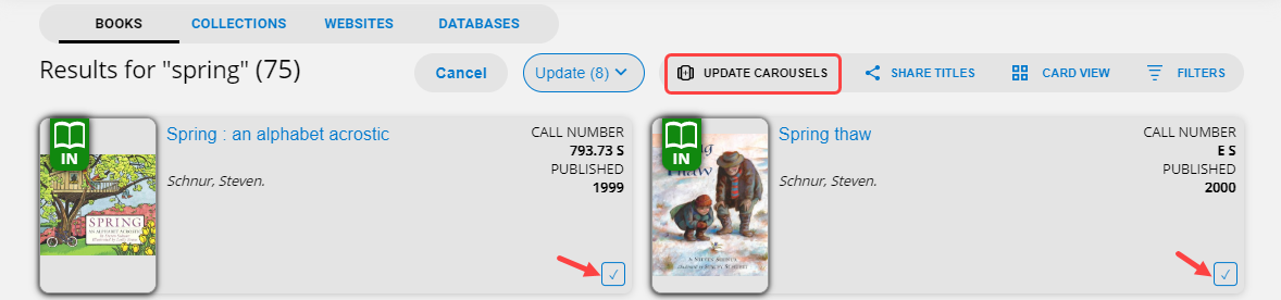 Search results with Update Carousels and checkboxes highlighted.