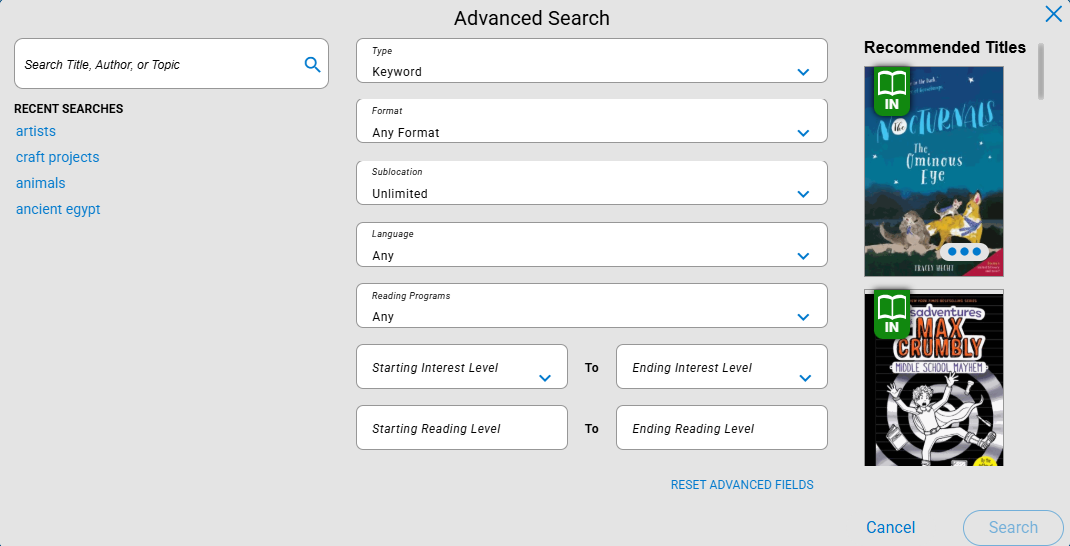 Advanced Search pop-up.