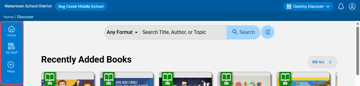 Destiny Discover homepage with sidebar highlighted.