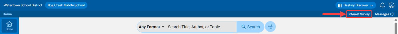 Destiny Discover header with Interest Survey link highlighted.