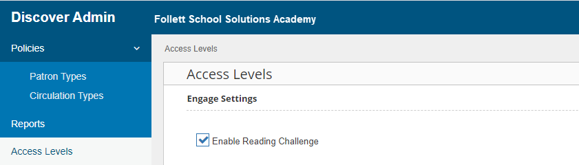 Discover Admin Access Levels page, Engage Settings section.