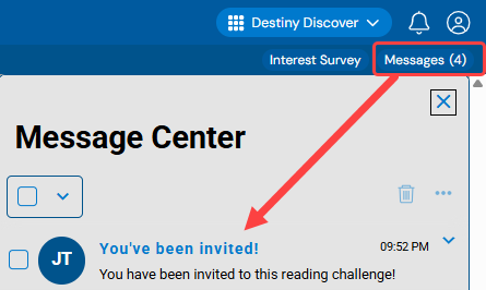 Messages link and reading challenge invite.