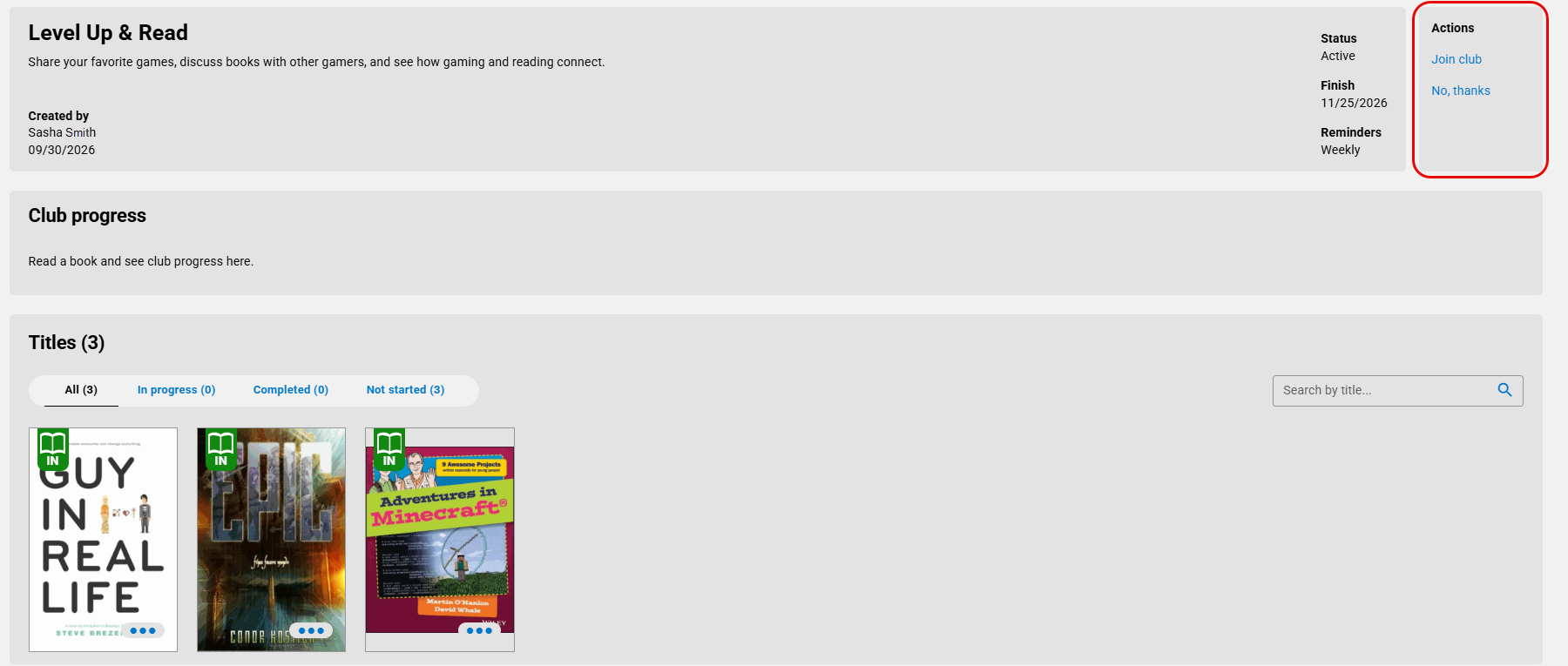 Book Club with Actions menu highlighted.
