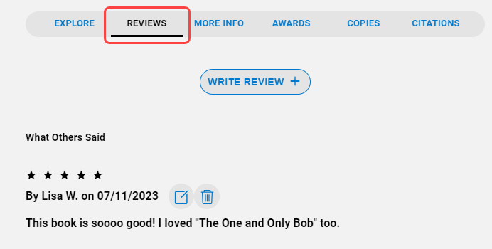 Reviews page showing a review.