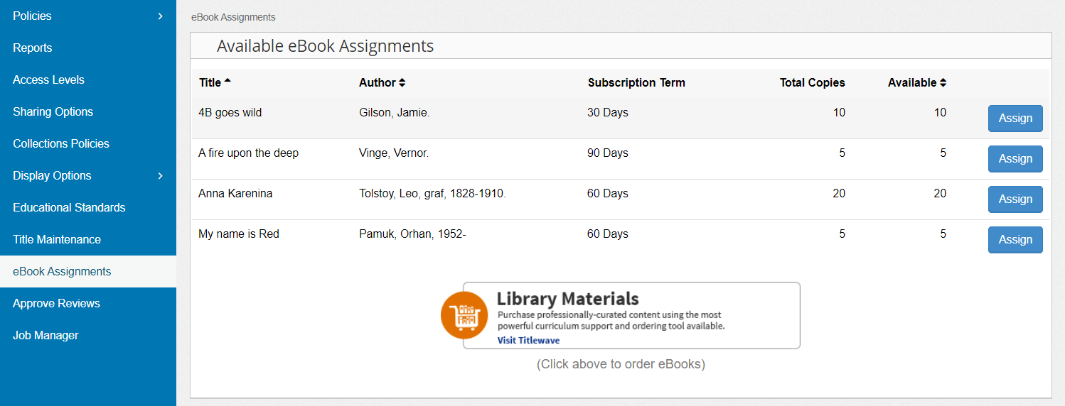 Discover Admin eBook Assignments page.