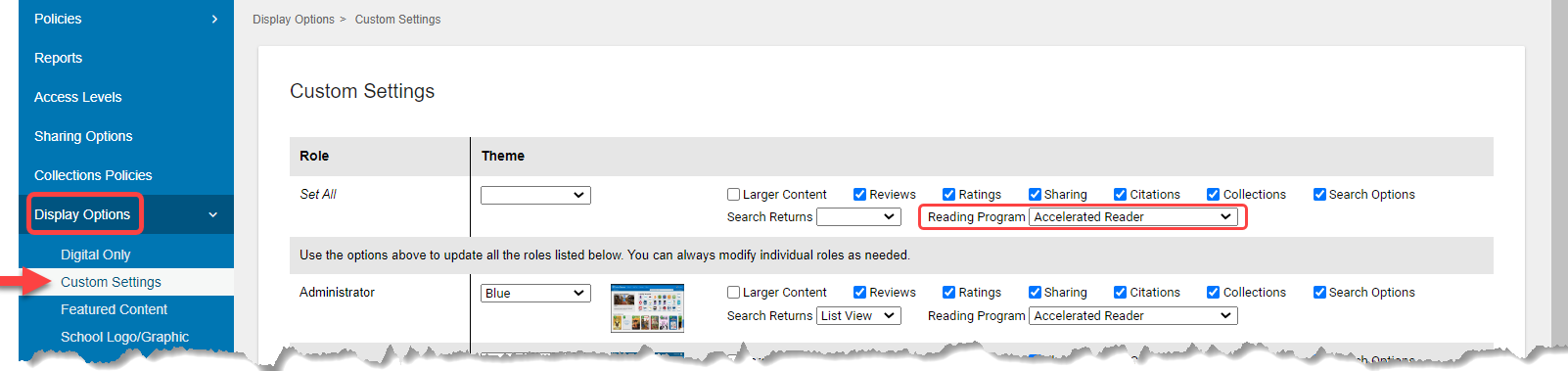 Custom Settings page with Display Options, Custom Settings and Reading Program option highlighted.