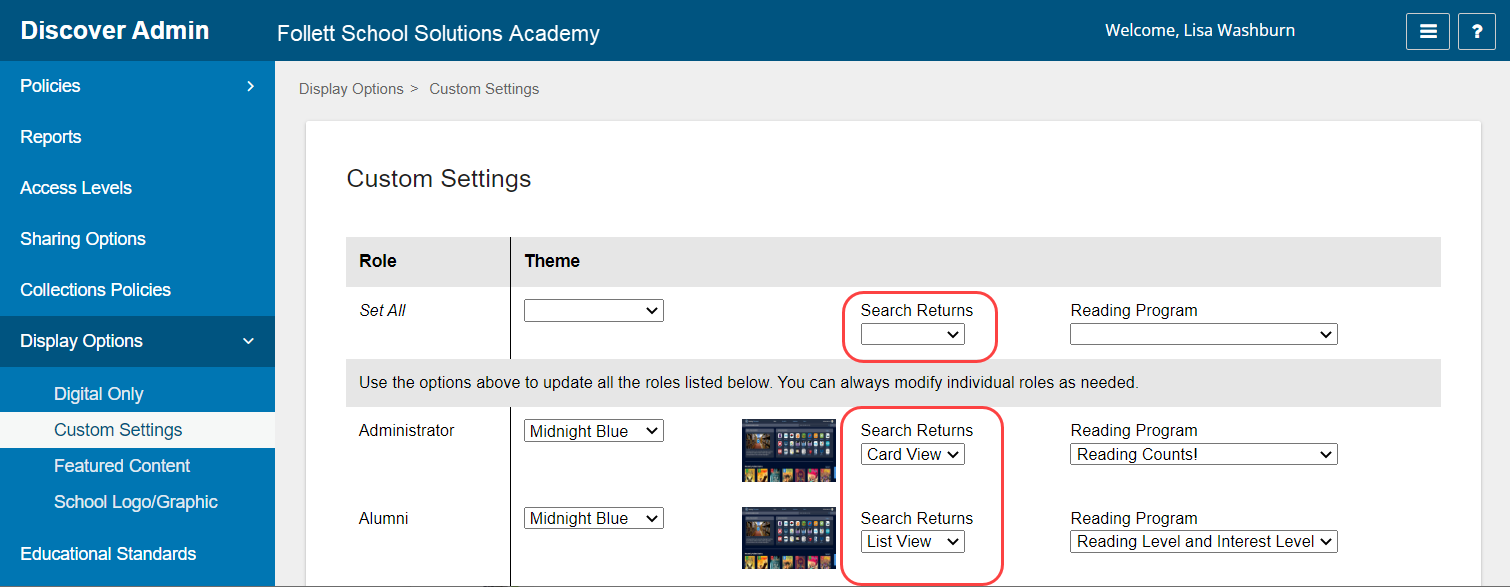 Custom Settings page in Discover Admin with Search Returns drop-downs highlighted.