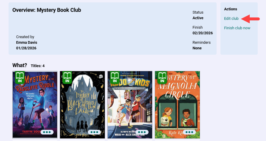 Book Club page with Edit club highlighted.