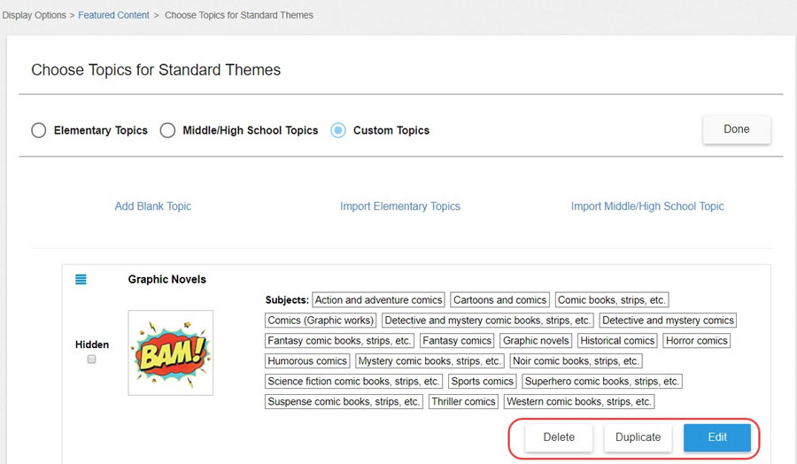 Page to choose a topic, showing delete, duplicate and edit options.