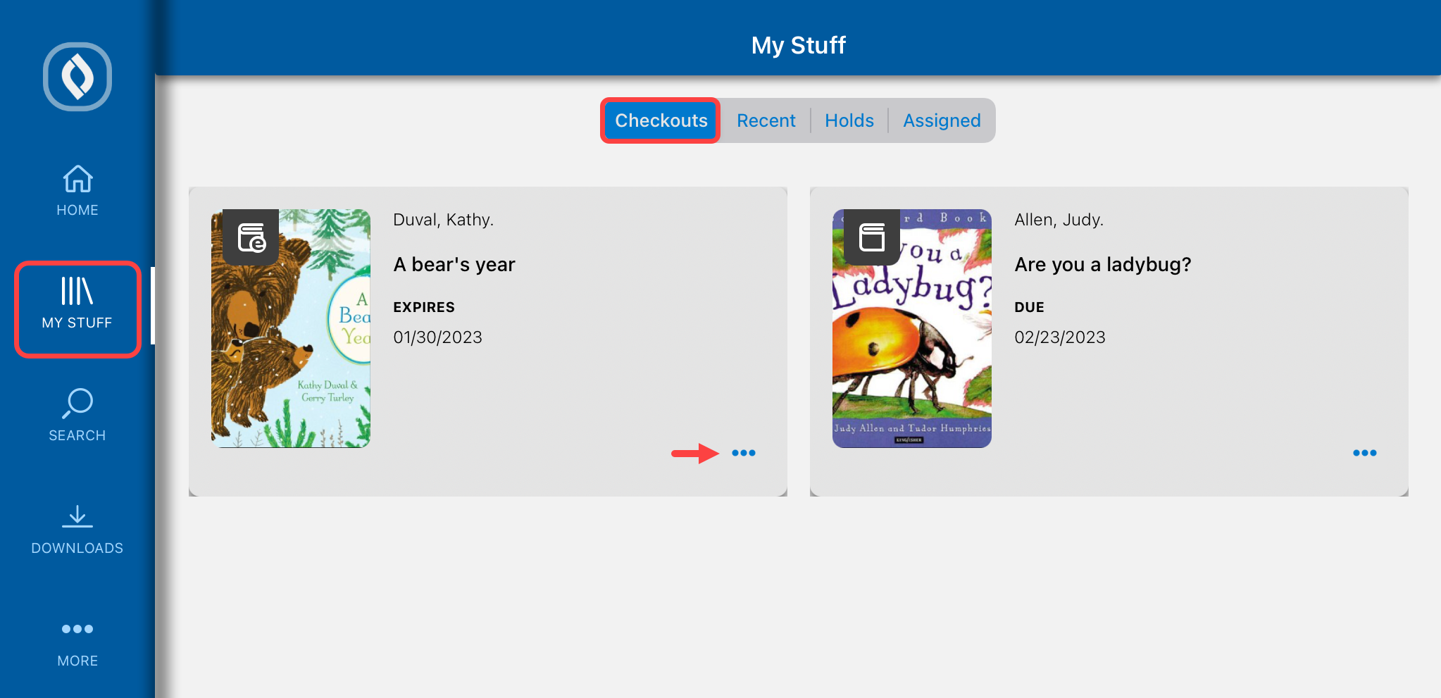 My Stuff screen with Checkouts tab selected and More Options icon highlighted.