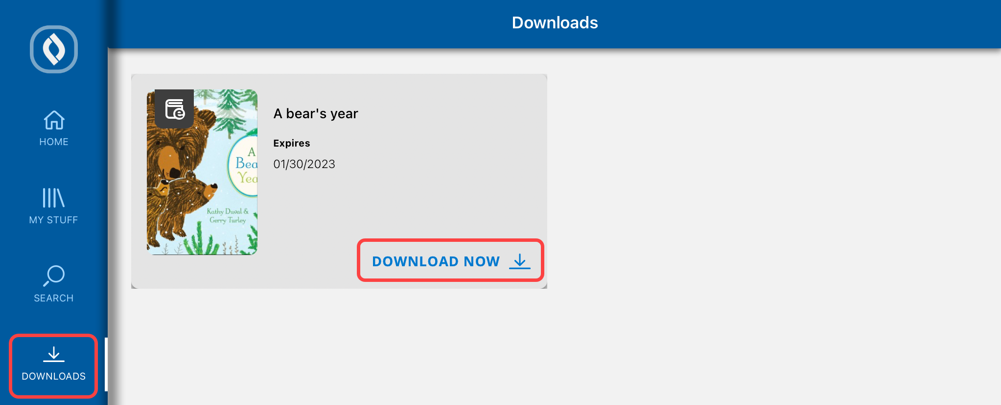 Downloads screen with Download Now highlighted.