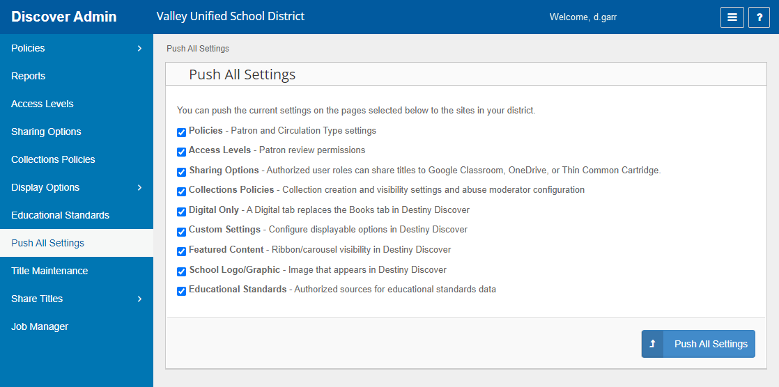 Discover Admin Push All Settings page.