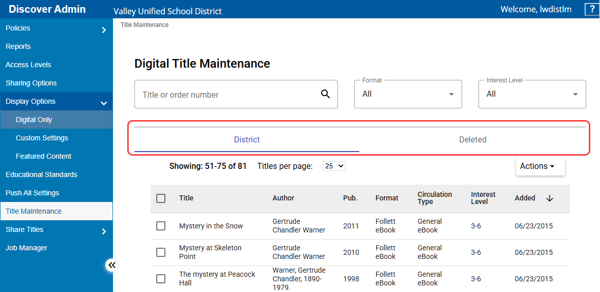 Digital Title Maintenance page with District and Deleted tabs highlighted.