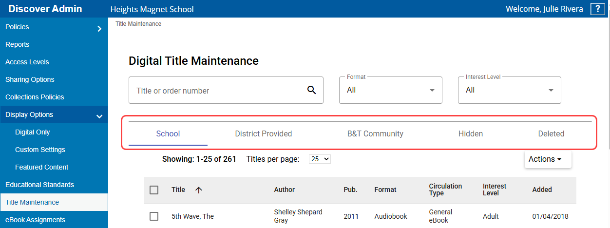 Title Maintenance page with tabs highlighted.