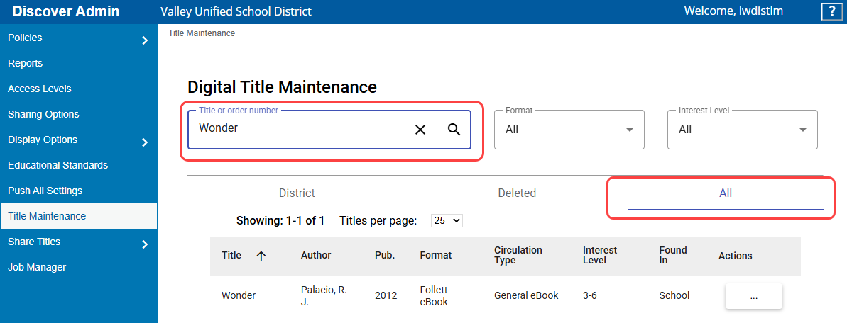 Digital Title Maintenance page with search field and All tab highlighted.