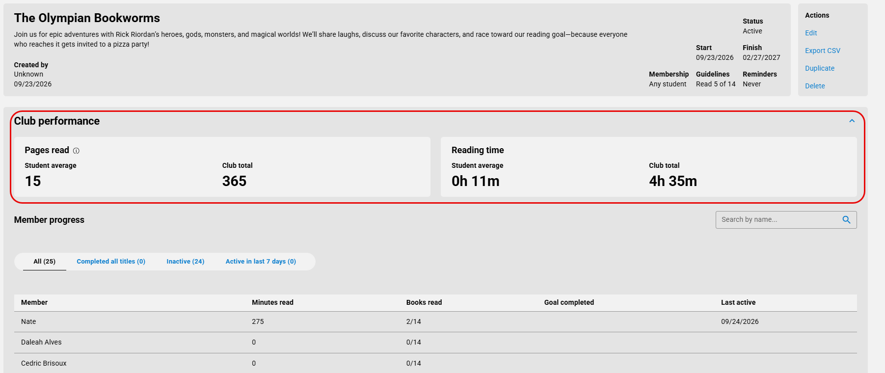 Book club page with Club performance data highlighted.