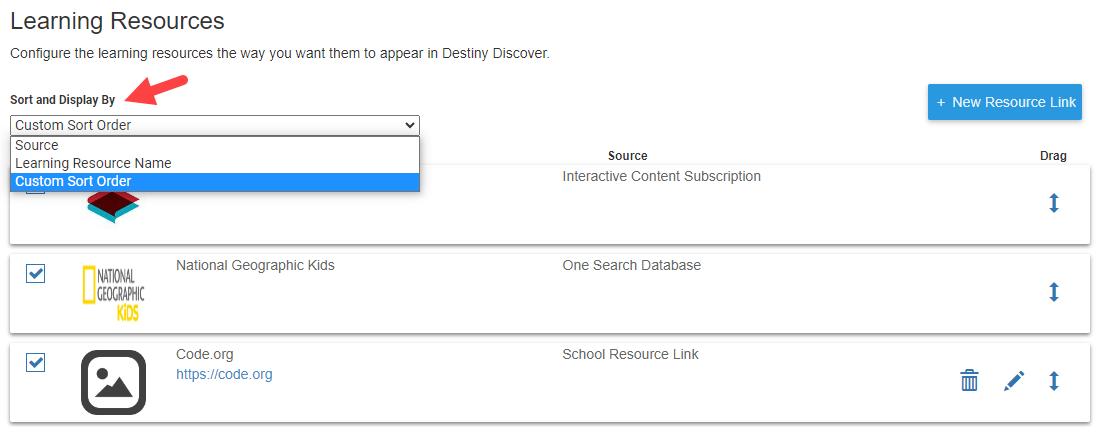 Learning Resources configuration page with Sort and Display By drop-down highlighted.