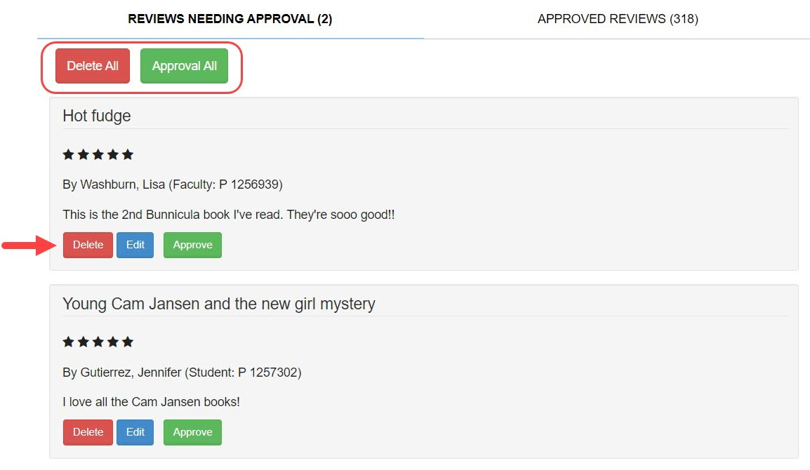 Reviews Needing Approval tab with Delete, Edit, Approve, Delete All and Approval All highlighted.