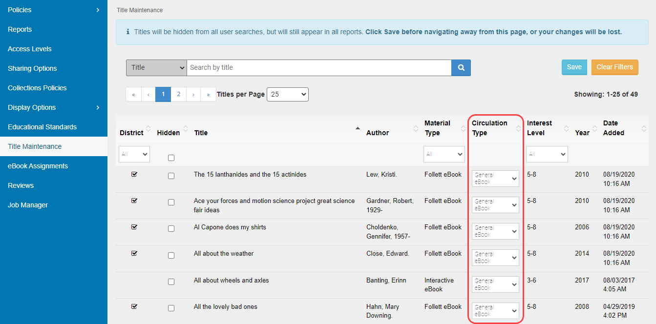 Title Maintenance page with Circulation Type column highlighted.