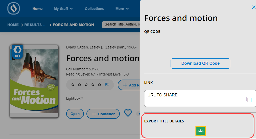 Share page with Export Title Details highlighted.